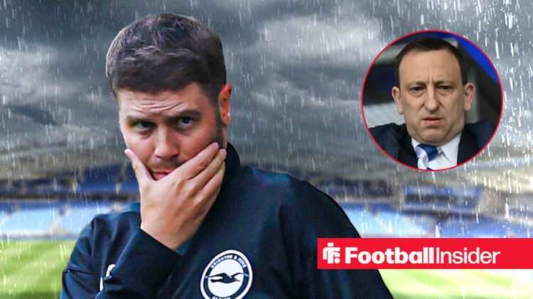 Fabian Hurzeler in the rain at the Amex, with Tony Bloom in a circular inset