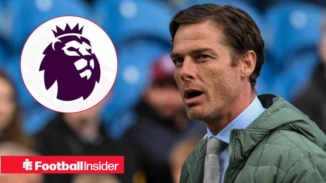 Scott Parker looking annoyed towards a circle inset of the Premier League badge