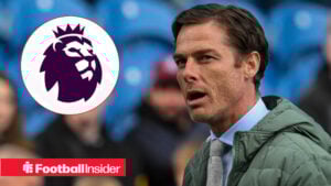 Scott Parker looking annoyed towards a circle inset of the Premier League badge