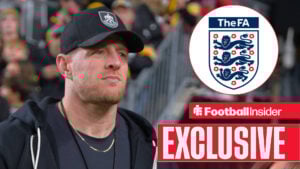J.J. Watt in a Burnley cap looking towards a circle inset of The FA logo