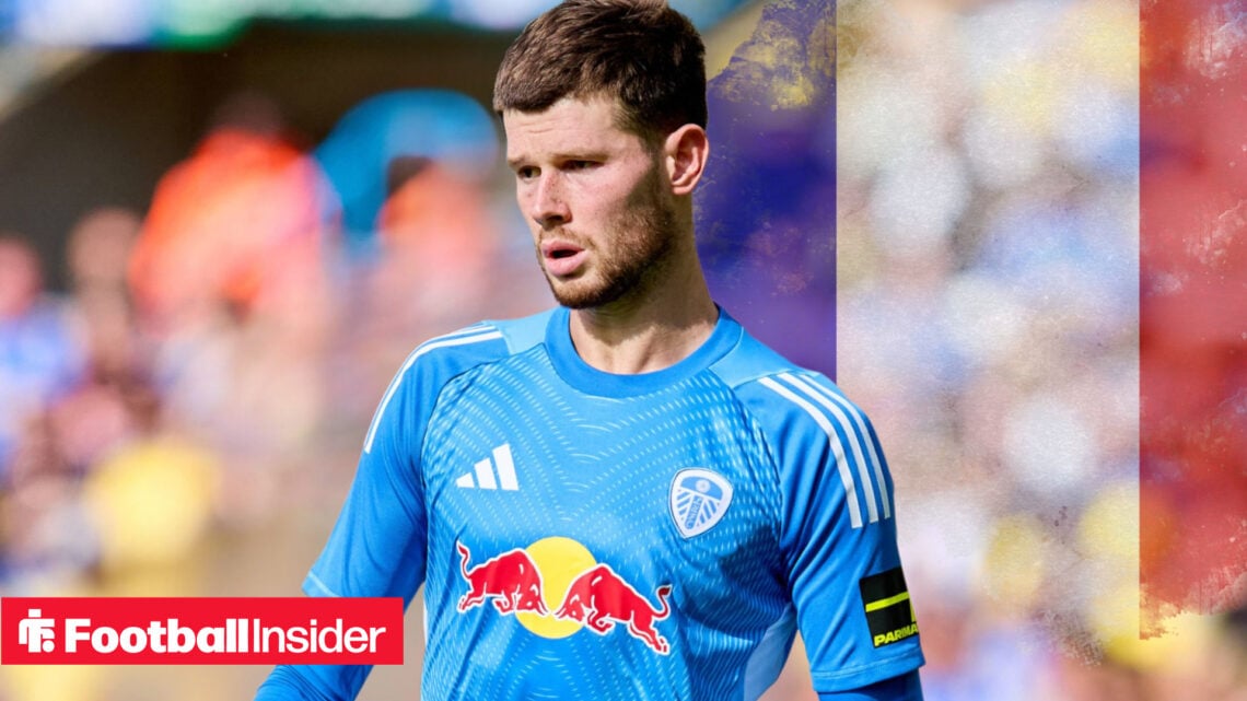 Illan Meslier playing for Leeds United infront of a France flag