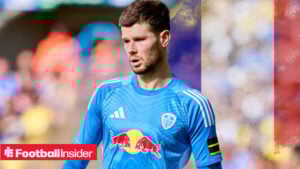 Illan Meslier playing for Leeds United infront of a France flag