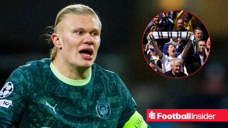 Erling Haaland playing for Manchester City looking towards a circle inset of Leeds United fans