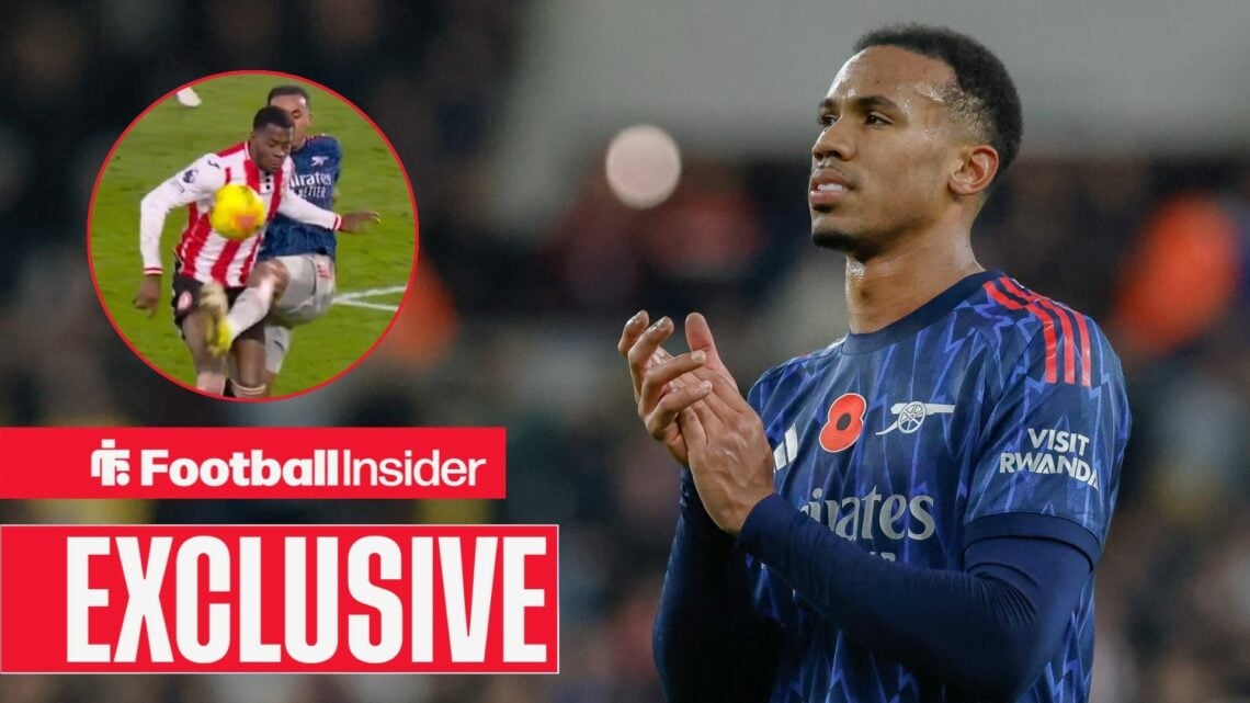 Gabriel Magalhaes clapping, Arsenal star's challenge on Dango Ouattara in a circular inset