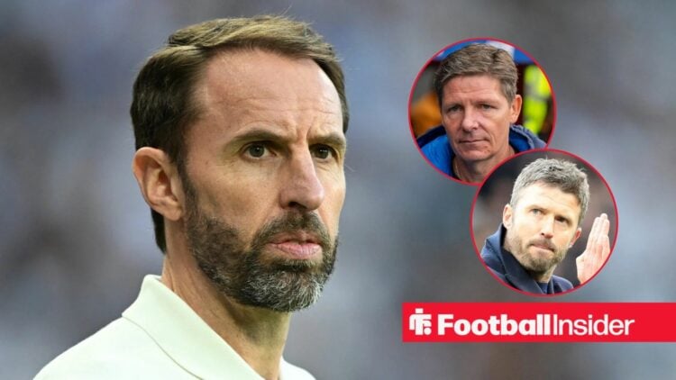 Gareth Southgate on the sidelines with Oliver Glasner and Michael Carrick in circular insets