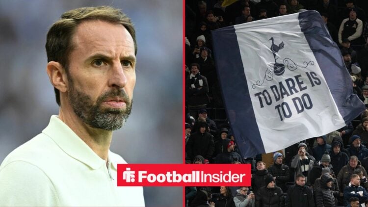 Gareth Southgate stares across a split image towards Tottenham fans, who wave a giant flag in the stands.