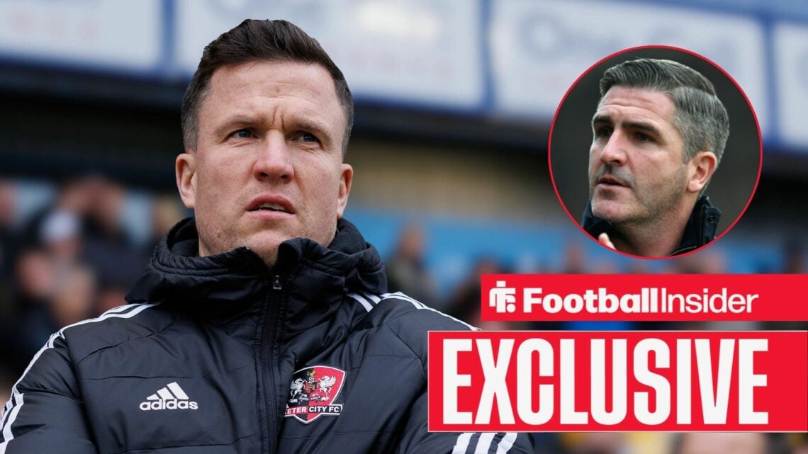 Gary Caldwell on the sidelines at Exeter, with Ryan Lowe in a circular inset