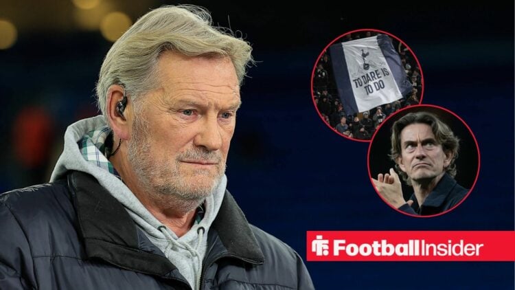 Glenn Hoddle stares towards a pair of circular insets, which feature Tottenham fans and Thomas Frank.