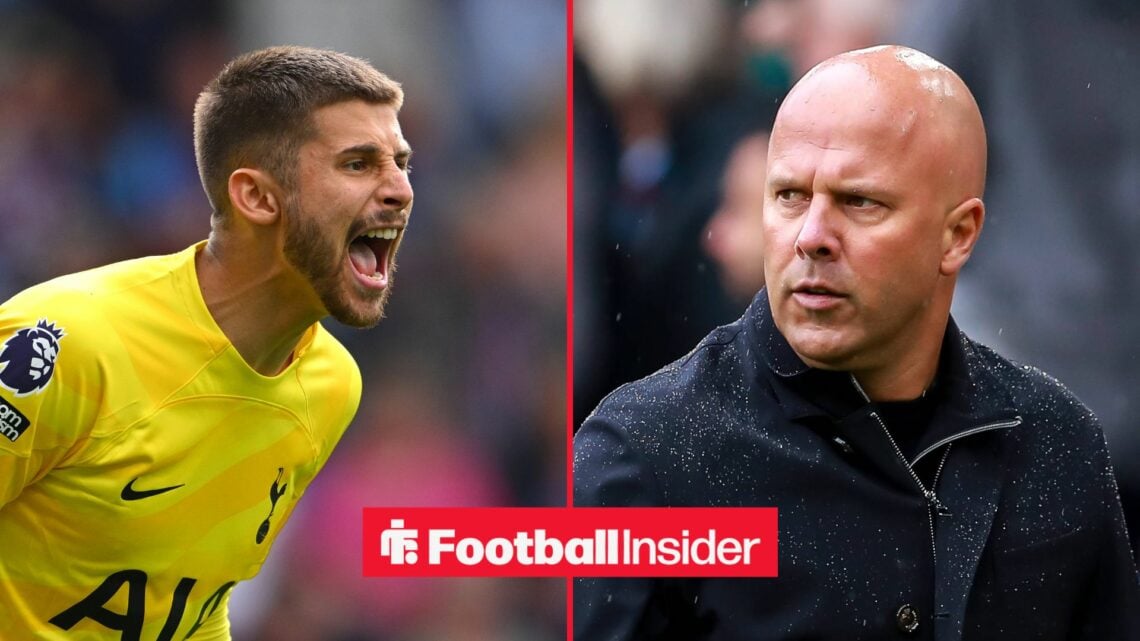 Tottenham goalkeeper Guglielmo Vicario shouts during a game, as Liverpool manager Arne Slot stands in the rain on the other side of a split image.
