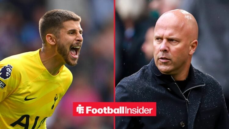 Tottenham goalkeeper Guglielmo Vicario shouts during a game, as Liverpool manager Arne Slot stands in the rain on the other side of a split image.
