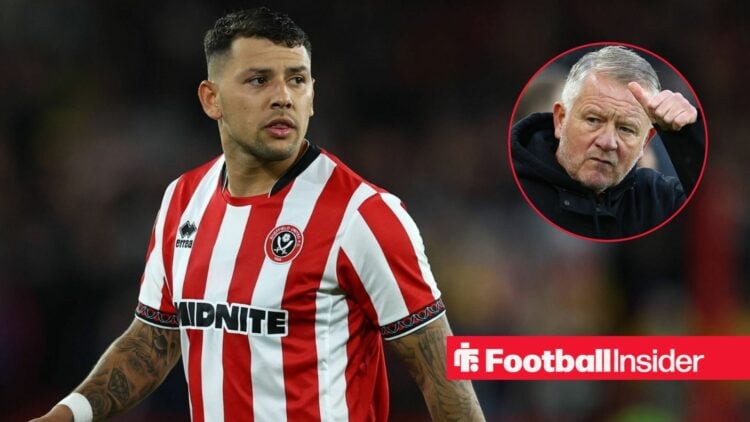 Sheffield United midfielder Gustavo Hamer in action during a game, as manager Chris Wilder puts his thumb up in a circular inset.