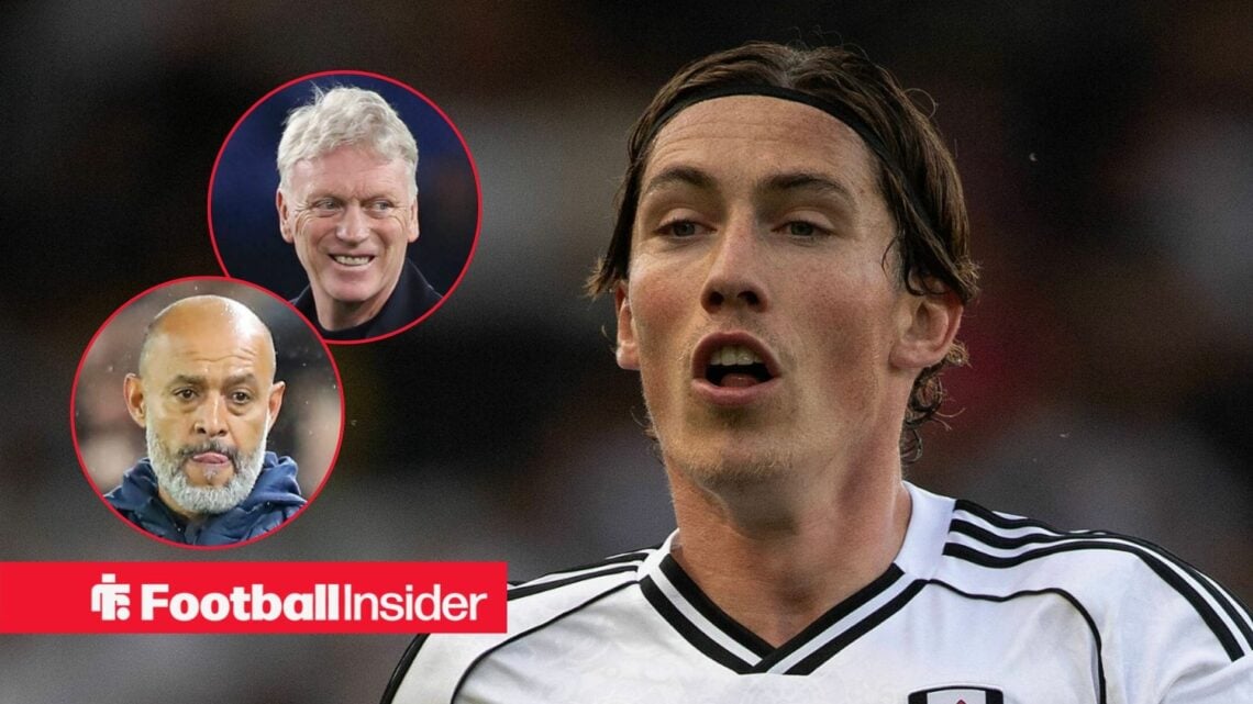 Harry Wilson in action for Fulham, with David Moyes and Nuno Espirito Santo in circular insets