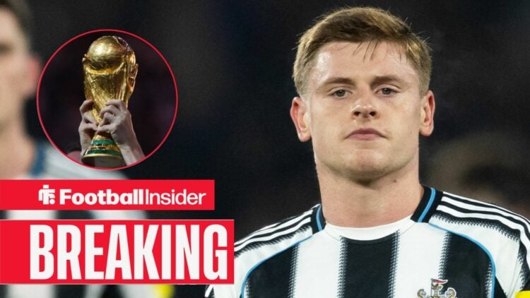 Harvey Barnes at Newcastle United, World Cup trophy in a circular inset