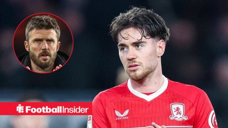 Hayden Hackney in action for Middlesbrough with Michael Carrick in a circular inset