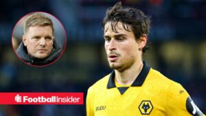 Hugo Bueno in action for Wolves, with Eddie Howe in a circular inset