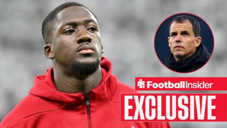 Football Insider exclusive as Liverpool defender Ibrahima Konate looks towards Sunderland manager Regis Le Bris, who features in a circular inset.