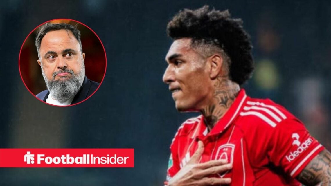 Igor Jesus in action for Nottingham Forest, with Evangelos Marinakis in a circular inset