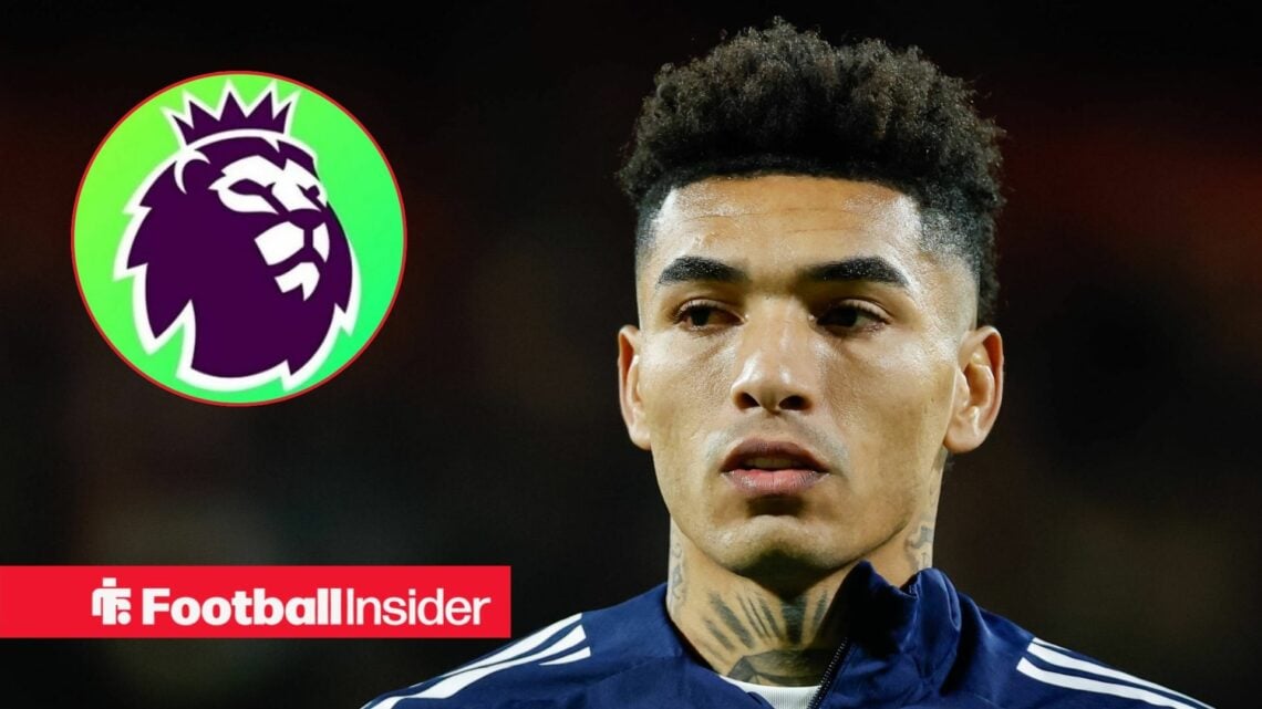 Nottingham Forest forward Igor Jesus stands before a game, as the Premier League logo features in a circular inset.