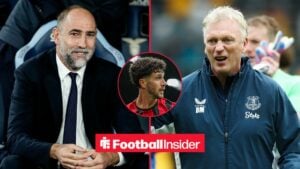 Tottenham manager Igor Tudor stares across a split image towards Everton boss David Moyes, while Bournemouth defender Marcos Senesi features in a circular inset.