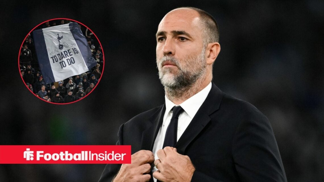 Interim Tottenham manager Igor Tudor alongside a circular inset of Spurs fans.
