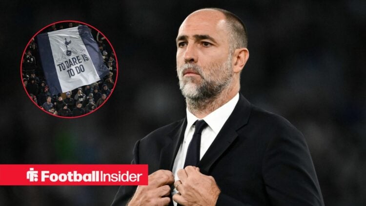 Interim Tottenham manager Igor Tudor alongside a circular inset of Spurs fans.