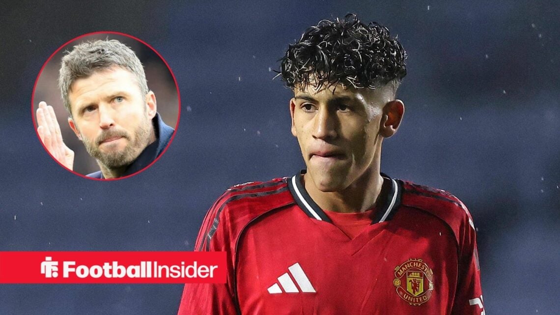 JJ Gabriel in action for Man United Under-18s, with Michael Carrick in a circular inset