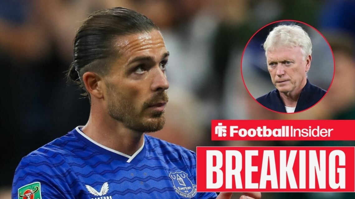 Jack Grealish in action for Everton, with David Moyes in a circular inset