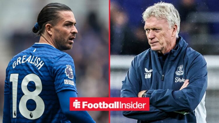 Jack Grealish in an Everton shirt alongside David Moyes in an Everton training jacket