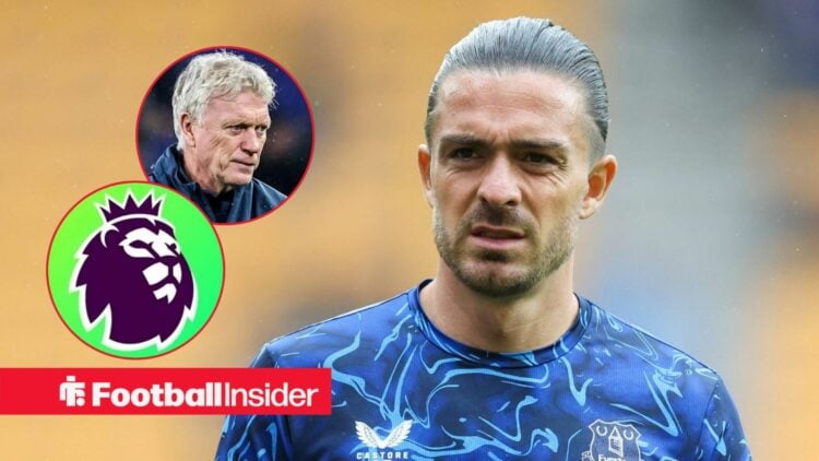 Jack Grealish in action for Everton, with David Moyes and the Premier League logo in circular insets