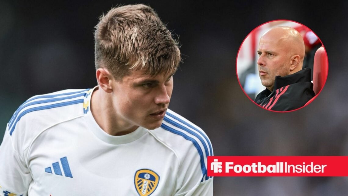 Leeds United defender Jaka Bijol looks across towards a circular inset, which features Liverpool manager Arne Slot.