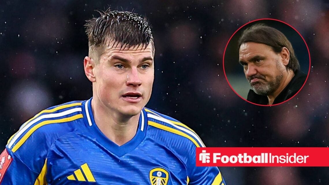 Jaka Bijol in action for Leeds United, with Daniel Farke in a circular inset