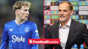 James Garner in an Everton shirt alongside Thomas Tuchel smiling in a press conference