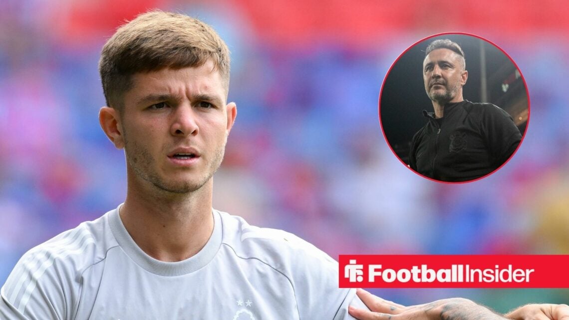 James McAtee playing for Nottingham Forest in 2025-26, Vitor Pereira in a circular inset