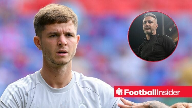 James McAtee playing for Nottingham Forest in 2025-26, Vitor Pereira in a circular inset