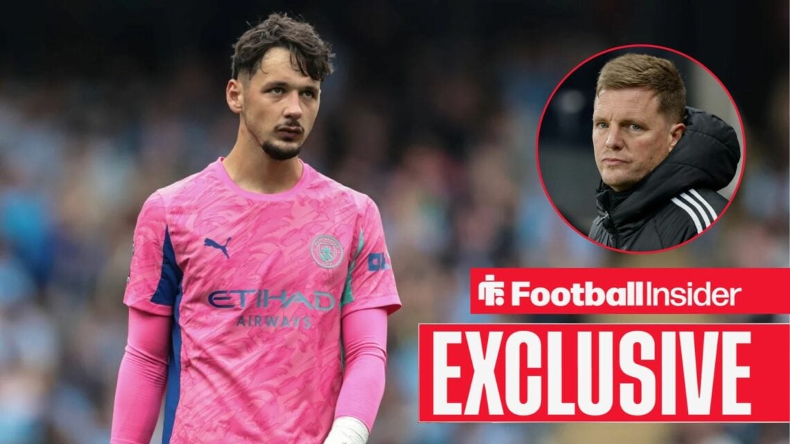 Football Insider exclusive as Manchester City goalkeeper James Trafford glances towards Newcastle manager Eddie Howe, who watches from a circular i...