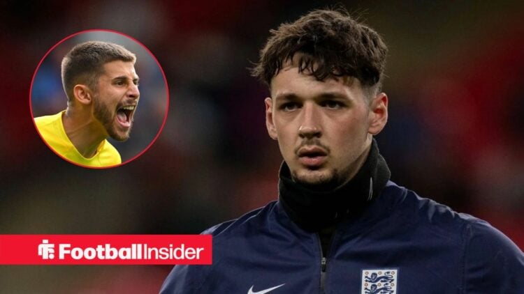 James Trafford in training for England, with Guglielmo Vicario in a circular inset