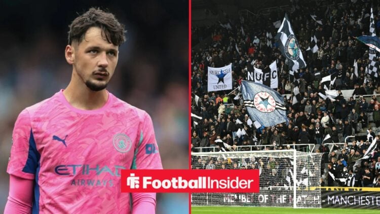 Manchester City goalkeeper James Trafford stares across a split image towards Newcastle fans.