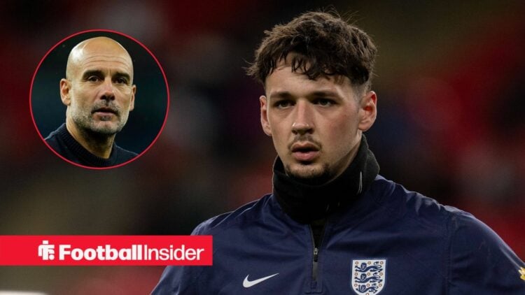 James Trafford in training for England, with Pep Guardiola in a circular inset