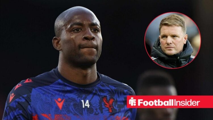 Jean-Philippe Mateta in action for Crystal Palace, with Eddie Howe in a circular inset