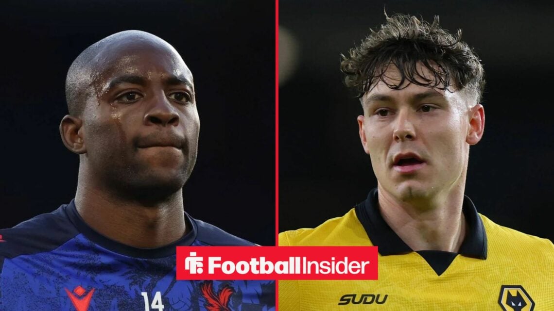 Jean-Philippe Mateta in action for Crystal Palace, with Jorgen Strand Larsen in action for Wolves