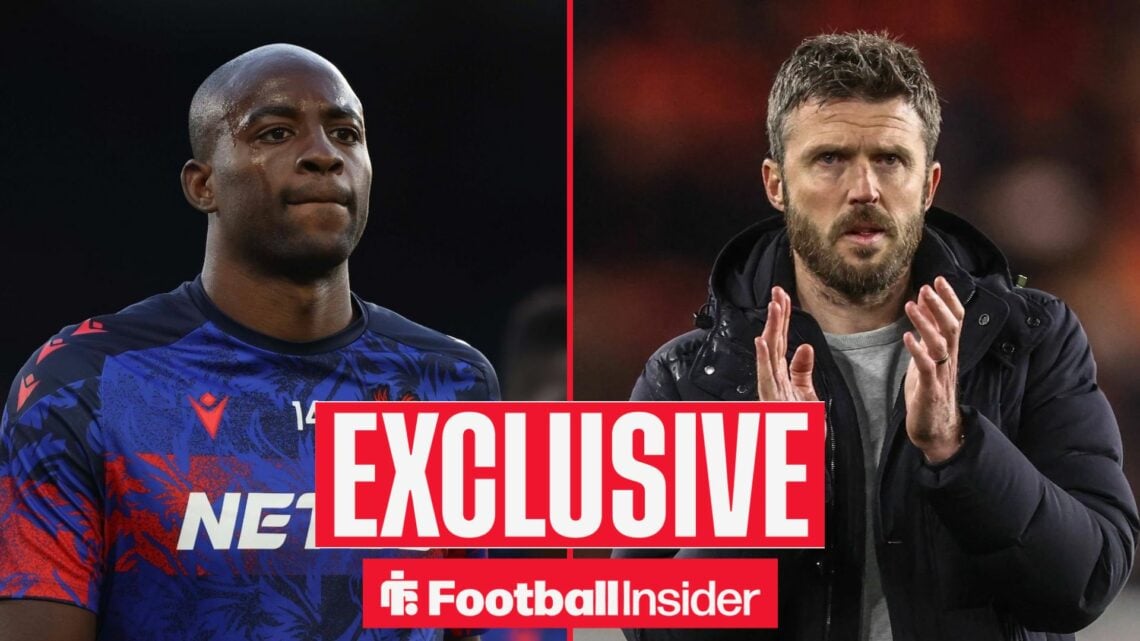 Football Insider exclusive as Jean-Philippe Mateta glances across a split image at Manchester United manager Michael Carrick, who applauds.