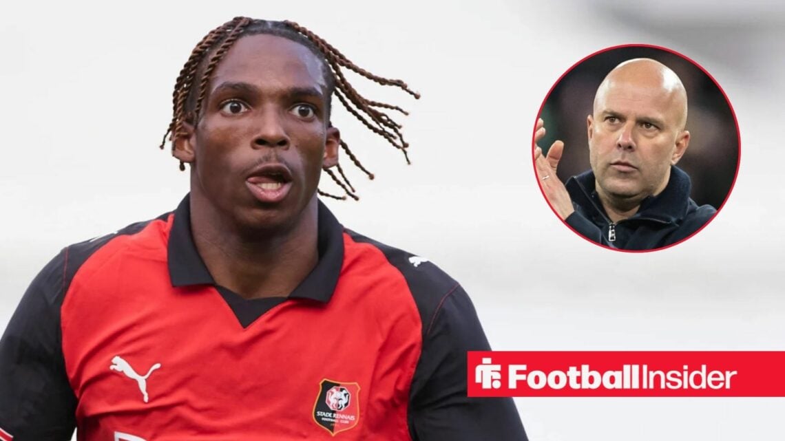 Jeremy Jacquet in action for Rennes, with Arne Slot in a circular inset