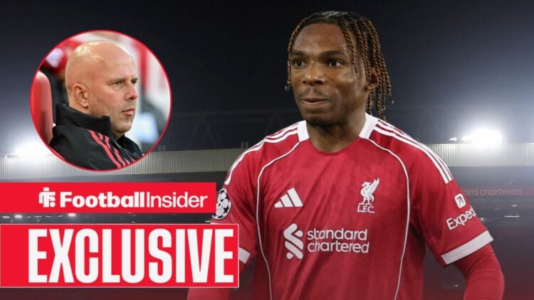 Football Insider exclusive as Jeremy Jacquet is in action for Liverpool, while manager Arne Slot watches from a circular inset.