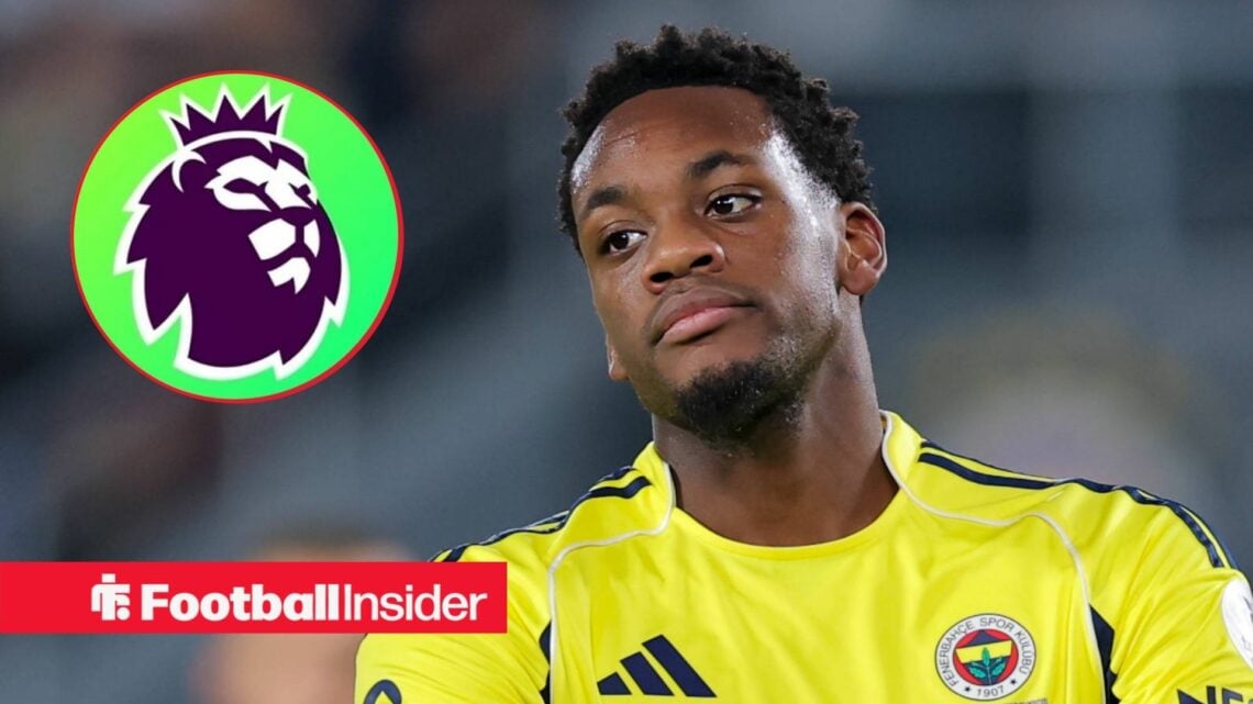 Jhon Duran in action for Fenerbahce, with the Premier League logo in a circular inset