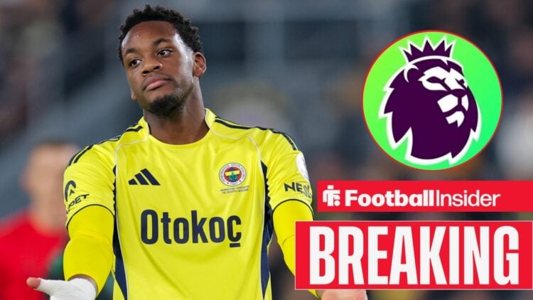 Breaking news as Jhon Duran is in action during a game for Fenerbahce, as the Premier League logo features in a circular inset.