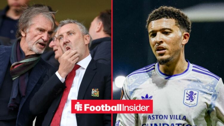 Sir Jim Ratcliffe and Jason Wilcox in the stands at Old Trafford, with Jadon Sancho in action for Aston Villa