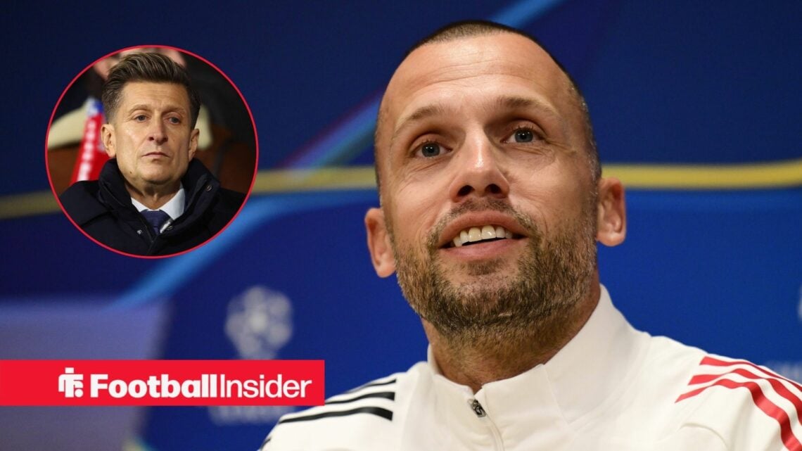 John Heitinga smiles in a press conference, as Crystal Palace chairman Steve Parish watches from a circular inset.