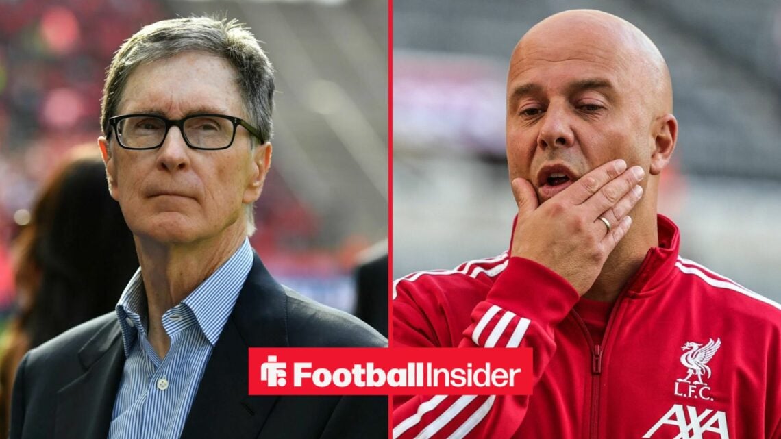 Liverpool owner John Henry looks across a split image at Arne Slot, who has his hand on his face.