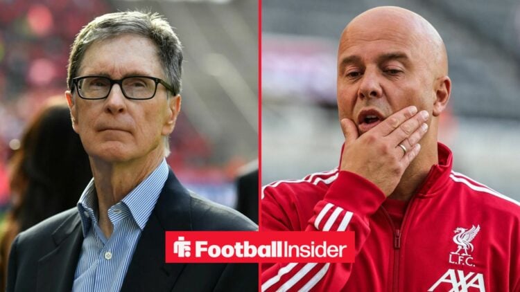 Liverpool owner John Henry looks across a split image at Arne Slot, who has his hand on his face.