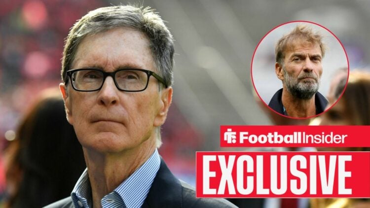 Football Insider exclusive as Liverpool owner John W. Henry stares towards Jurgen Klopp, who features in a circular inset.